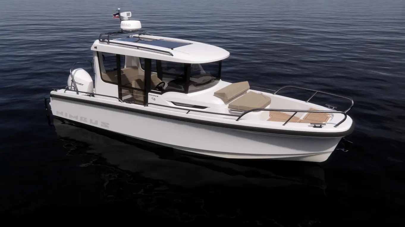 A Nimbus C8 motorboat anchored in calm waters, featuring a sleek white design, spacious seating, and a radar atop.
